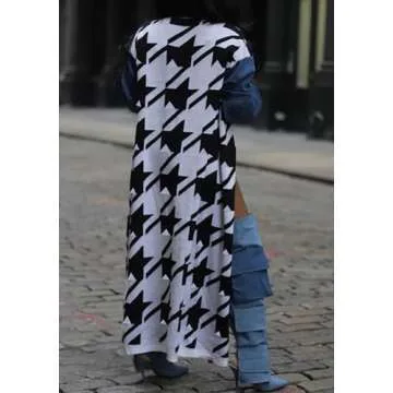 Kwunbwa Women's Long Cardigan Sweaters Long Sleeve Houndstooth Open Front Casual Loose Knit Outerwear Coats Black White