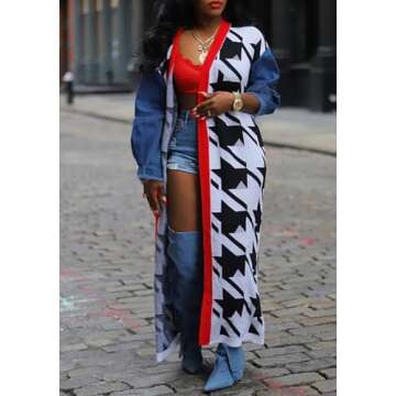 Kwunbwa Women's Long Cardigan Sweaters Long Sleeve Houndstooth Open Front Casual Loose Knit Outerwear Coats Black White