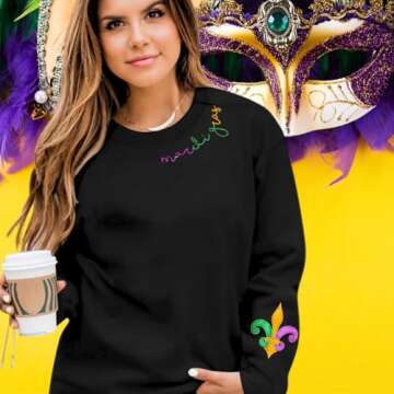 Wakefulness Youth Mardi Gras Sweatshirts for Women Mardi Graphic Long Sleeve Fat Tuesday Crewneck Pullover Top Black