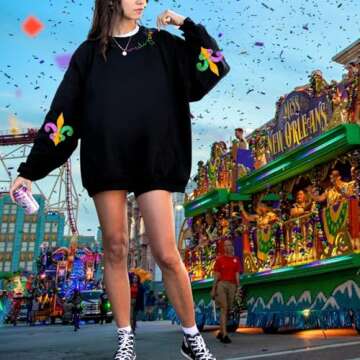 Wakefulness Youth Mardi Gras Sweatshirts for Women Mardi Graphic Long Sleeve Fat Tuesday Crewneck Pullover Top Black