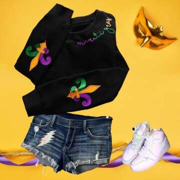 Wakefulness Youth Mardi Gras Sweatshirts for Women Mardi Graphic Long Sleeve Fat Tuesday Crewneck Pullover Top Black