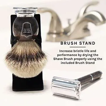 Parker Silvertip Badger Shaving Brush – Faux Horn Handle with Stand Included for Men