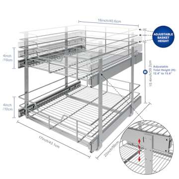 2 Tier Pull Out Cabinet Organizer 17" W X 22" D, Slide Out Drawers For Kitchen Cabinets, Pull Out Dr...