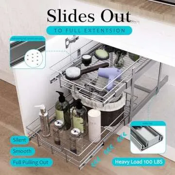 2 Tier Pull Out Cabinet Organizer 17" W X 22" D, Slide Out Drawers For Kitchen Cabinets, Pull Out Drawers For Cabinets Capacity Heavy Duty Caddy, Cabinet Pull Out Shelves Chrome-Plated,Bathroom Pantry