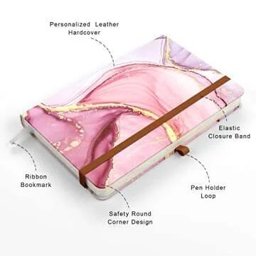 HUAMXE Small Notebook, Mini Pocket Journal A6 5.7" x 3.9", Leather Hardcover Journal with Pen Holder, 160 Thick Papers, Cute Lined Notebook Small Notepad for Women Writing Work Travel, Pink Marble