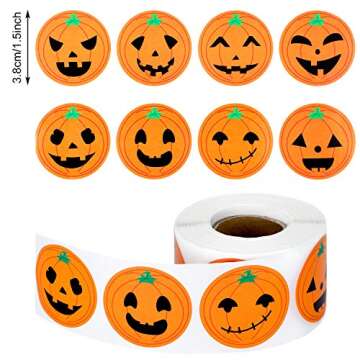 Outus 500 Pieces Pumpkin Stickers Halloween Roll Stickers Round Circle Face Stickers for Halloween Party Decoration