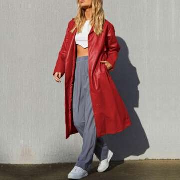chouyatou Women's Casual Lapel Open Front Pu Faux Leather Long Trench Coat with Belt (Small, Red)