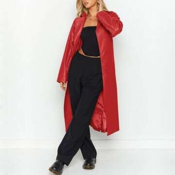 chouyatou Women's Casual Lapel Open Front Pu Faux Leather Long Trench Coat with Belt (Small, Red)