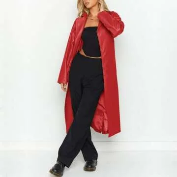 chouyatou Women's Casual Lapel Open Front Pu Faux Leather Long Trench Coat with Belt (Small, Red)