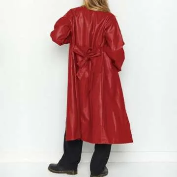 chouyatou Women's Casual Lapel Open Front Pu Faux Leather Long Trench Coat with Belt (Small, Red)
