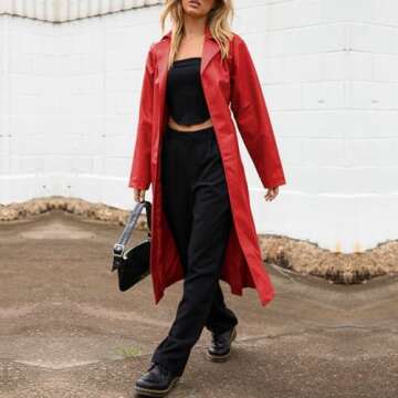 chouyatou Women's Casual Lapel Open Front Pu Faux Leather Long Trench Coat with Belt (Small, Red)