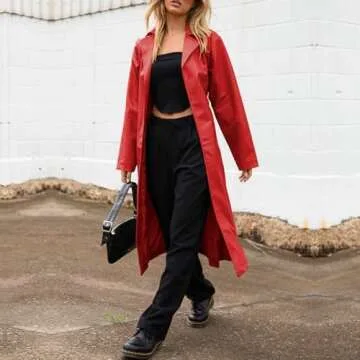 chouyatou Women's Casual Lapel Open Front Pu Faux Leather Long Trench Coat with Belt (Small, Red)