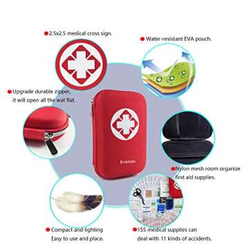 Evantek First Aid Kit Medical Med - 155 Pcs Kit Waterproof Emergency Kit for Camping Hiking Home Outdoor Truck Vehicle Car Fishing Travel Biking (RED) 1