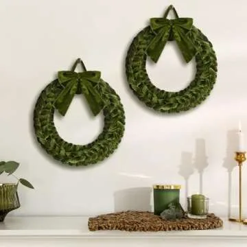 Soaoo 3 Christmas Velvet Wreaths 14" Christmas Wreaths for Front Door Velvet Christmas Wreath Ornament with Bow for Christmas Party Table Fireplaces Porch Walls New Years Home Decor (Olive Green)