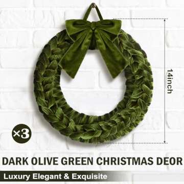 Soaoo 3 Christmas Velvet Wreaths 14" Christmas Wreaths for Front Door Velvet Christmas Wreath Ornament with Bow for Christmas Party Table Fireplaces Porch Walls New Years Home Decor (Olive Green)