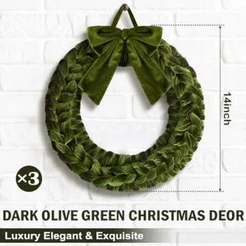Soaoo 3 Christmas Velvet Wreaths 14" Christmas Wreaths for Front Door Velvet Christmas Wreath Ornament with Bow for Christmas Party Table Fireplaces Porch Walls New Years Home Decor (Olive Green)