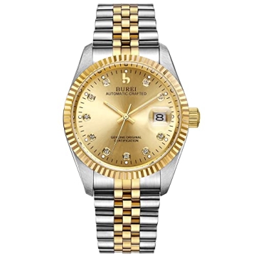 BUREI Mens Luxury Automatic Watch Dress Gold Self-Winding Wristwatch Date Display Two Tones Stainles...