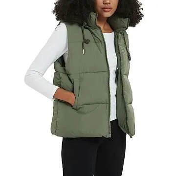Flygo Puffer Vest Women Zip Up Sleeveless Winter Casual Stand Collar Padded Down Jacket Coat with Pockets Hooded Army Green M