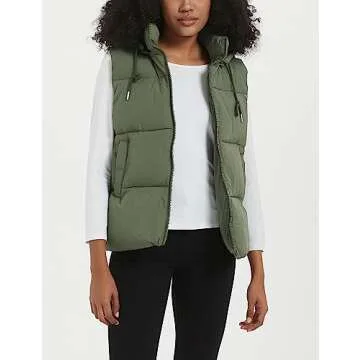 Flygo Puffer Vest Women Zip Up Sleeveless Winter Casual Stand Collar Padded Down Jacket Coat with Pockets Hooded Army Green M