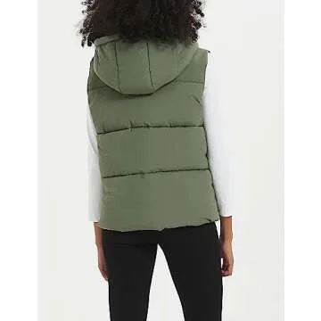 Flygo Puffer Vest Women Zip Up Sleeveless Winter Casual Stand Collar Padded Down Jacket Coat with Pockets Hooded Army Green M