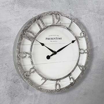 Presentime & Co 10" Farmhouse Series Wall Clock, Quartz Movement, Shiplap Style, Raised 3D Arabic Numeral, Galvanized Finish