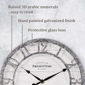 Presentime & Co 10" Farmhouse Series Wall Clock, Quartz Movement, Shiplap Style, Raised 3D Arabic Numeral, Galvanized Finish