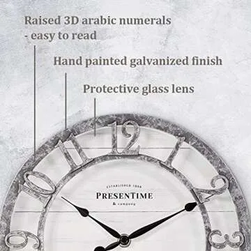 Presentime & Co 10" Farmhouse Series Wall Clock, Quartz Movement, Shiplap Style, Raised 3D Arabic Numeral, Galvanized Finish