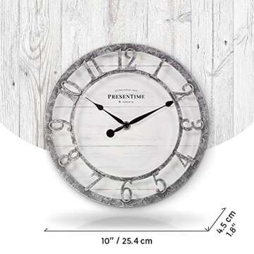 Presentime & Co 10" Farmhouse Series Wall Clock, Quartz Movement, Shiplap Style, Raised 3D Arabic Numeral, Galvanized Finish