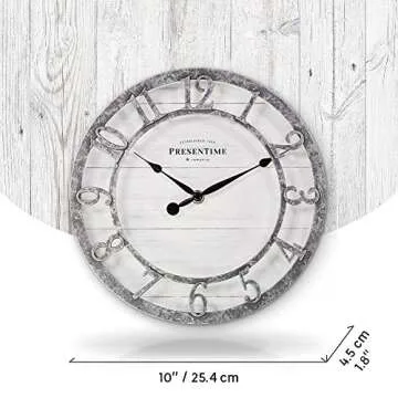 Presentime & Co 10" Farmhouse Series Wall Clock, Quartz Movement, Shiplap Style, Raised 3D Arabic Numeral, Galvanized Finish