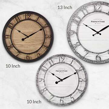 Presentime & Co 10" Farmhouse Series Wall Clock, Quartz Movement, Shiplap Style, Raised 3D Arabic Numeral, Galvanized Finish