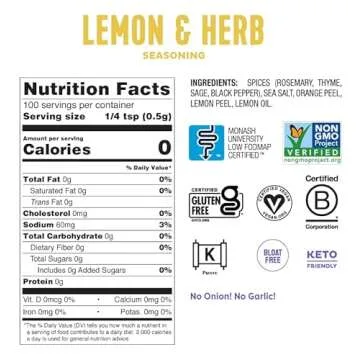 Fody Foods Vegan Lemon Herb Seasoning, Great for Grilling, Low Fodmap Certified, Sensitive Recipe, Gut & IBS Friendly, 1.8 Ounce