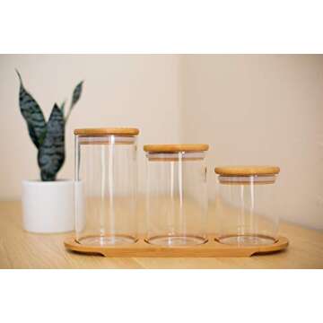 3 Piece Bamboo Airtight Glass Jar Organizer Set for Kitchen, Bathroom, Food Storage - BPA Free Eco-Friendly
