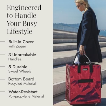 HULKEN - Large Cosmic Red Reusable Grocery Bag On Wheels - Rolling Tote with Unbreakable Handles