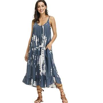 BUENOS NINOS Women's V Neck Floral Maxi Dress Boho Printed Adjustable Spaghetti Strap Ethnic Beach Long Dress with Pockets S Tie dye Dress