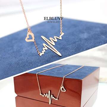 ELBLUVF 18k Rose Gold Plated Stainless steel EKG Heart Beat Love Cardiogram Necklace for women