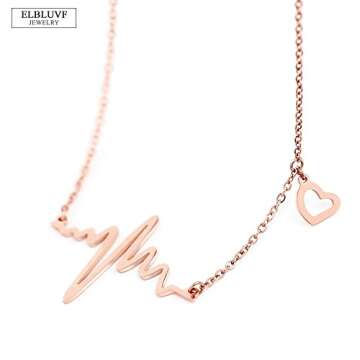 ELBLUVF 18k Rose Gold Plated Stainless steel EKG Heart Beat Love Cardiogram Necklace for women