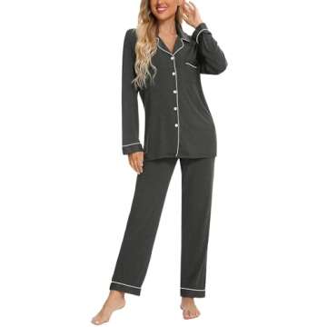Pjmlifecoco Pants Pajamas Set For Women Long Sleeve Womens Button Down Sleepwear Two Piece Nightwear Pj Lounge Sets Dark Grey