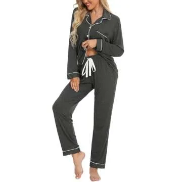 Pjmlifecoco Pants Pajamas Set For Women Long Sleeve Womens Button Down Sleepwear Two Piece Nightwear Pj Lounge Sets Dark Grey