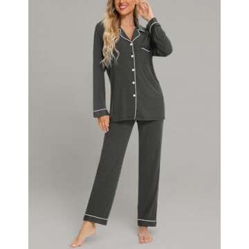 Pjmlifecoco Pants Pajamas Set For Women Long Sleeve Womens Button Down Sleepwear Two Piece Nightwear Pj Lounge Sets Dark Grey