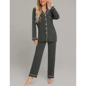 Pjmlifecoco Pants Pajamas Set For Women Long Sleeve Womens Button Down Sleepwear Two Piece Nightwear Pj Lounge Sets Dark Grey