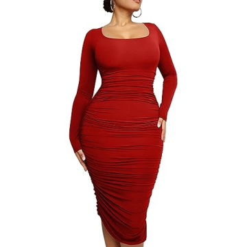 LAGSHIAN Women's Plus Size Sexy Bodycon Long Sleeve Scoop Neck Ruched Basic Midi Party Dress Red
