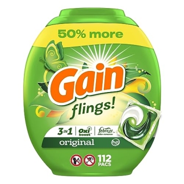 Gain FLINGS Laundry Detergent Pacs, Original Scent, 3 in 1 HE Detergent Pacs with Oxi Boost and Febreeze, 112 Count, Gain Laundry Detergent, Laundry Pacs