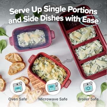 Souper Cubes Stoneware - Small Ceramic 5" x 3" Baking Dish with Silicone Covers, Small Baking Dishes for Oven Perfect for Reheating Single Serve Portions, Set of 4 - Cranberry