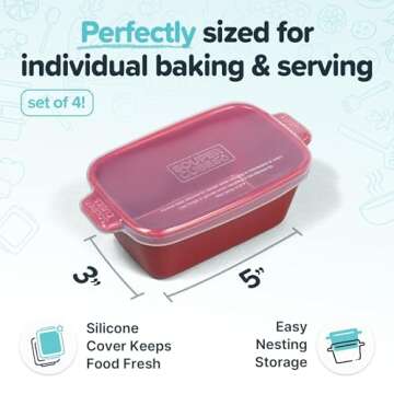 Souper Cubes Stoneware - Small Ceramic 5" x 3" Baking Dish with Silicone Covers, Small Baking Dishes for Oven Perfect for Reheating Single Serve Portions, Set of 4 - Cranberry