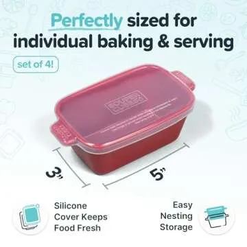 Souper Cubes Stoneware - Small Ceramic 5" x 3" Baking Dish with Silicone Covers, Small Baking Dishes for Oven Perfect for Reheating Single Serve Portions, Set of 4 - Cranberry