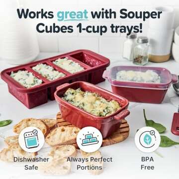 Souper Cubes Stoneware - Small Ceramic 5" x 3" Baking Dish with Silicone Covers, Small Baking Dishes for Oven Perfect for Reheating Single Serve Portions, Set of 4 - Cranberry
