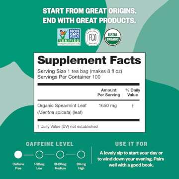 FGO Organic Spearmint Leaf Tea, 100 Count, Eco-Conscious Tea Bags, Caffeine Free, Resealable Bag, Packaging May Vary (Pack of 1)