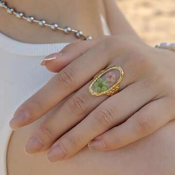Handmade Dried Flower Statement Ring for Women Gold Plated Stainless Steel Adjustable Pressed Blosso...