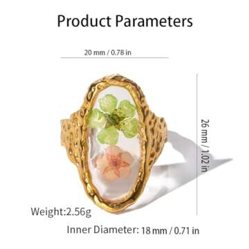 Handmade Dried Flower Statement Ring for Women Gold Plated Stainless Steel Adjustable Pressed Blossom Forget-Me-Not Flowers Open Band Rings Wedding Holiday Jewelry (Hammered Oval)
