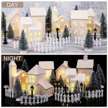 Fovths 39 Pieces LED Lighted Ceramic Winter Village Building Figurines and Accessories Desktop Ornament Set for Holiday Party Decor